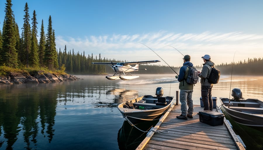 Float plane docked at remote fishing lodge on northern Manitoba lake