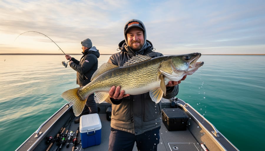 Fresh caught walleye displayed on dock at Lake Winnipeg