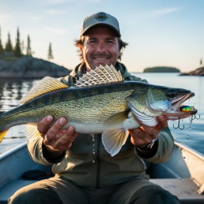 Angler in a small aluminum boat holding a large walleye with a lure in its mouth at golden hour on a calm Manitoba lake, rim-lit fish in sharp focus, blurred rocky Canadian Shield shoreline and black spruce islands in the background.