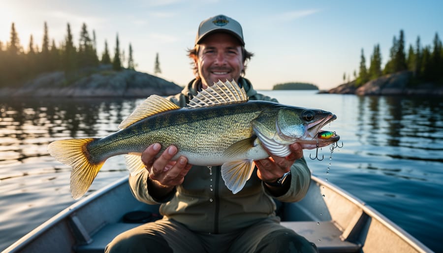 Angler in a small aluminum boat holding a large walleye with a lure in its mouth at golden hour on a calm Manitoba lake, rim-lit fish in sharp focus, blurred rocky Canadian Shield shoreline and black spruce islands in the background.