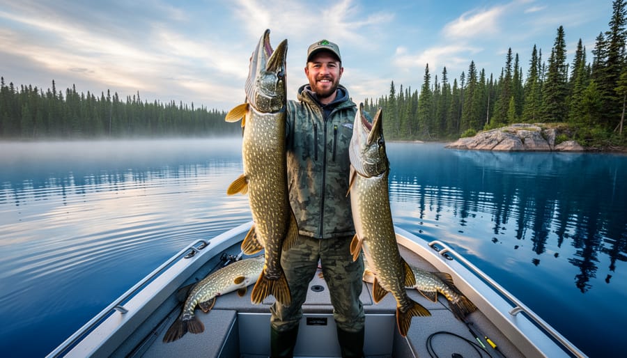 Fisherman holding large northern pike on remote Manitoba wilderness lake