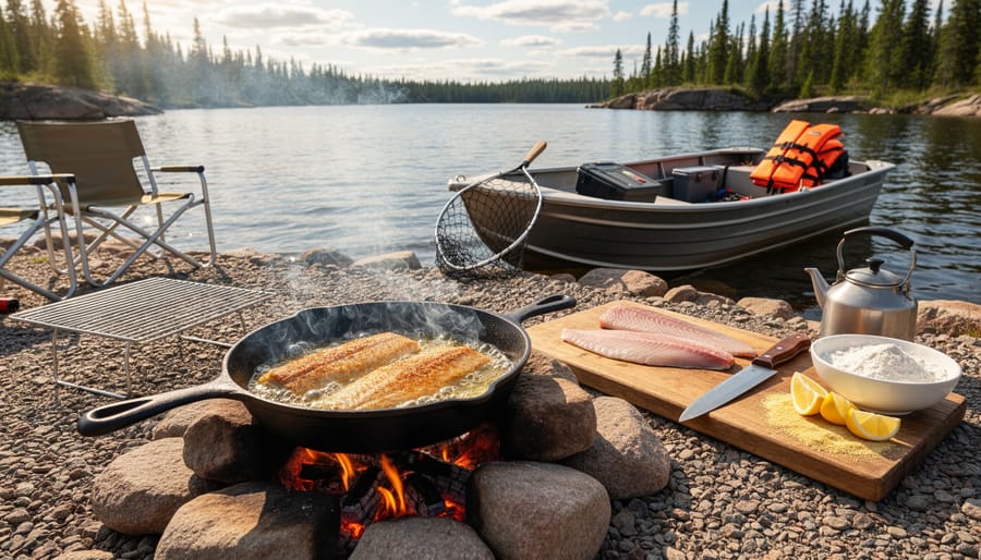 Fresh fish being cooked in cast iron skillet over campfire on lake shore