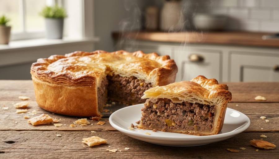 Close-up of a steaming tourtière meat pie cooling on a rustic wooden table with flaky crust visible.