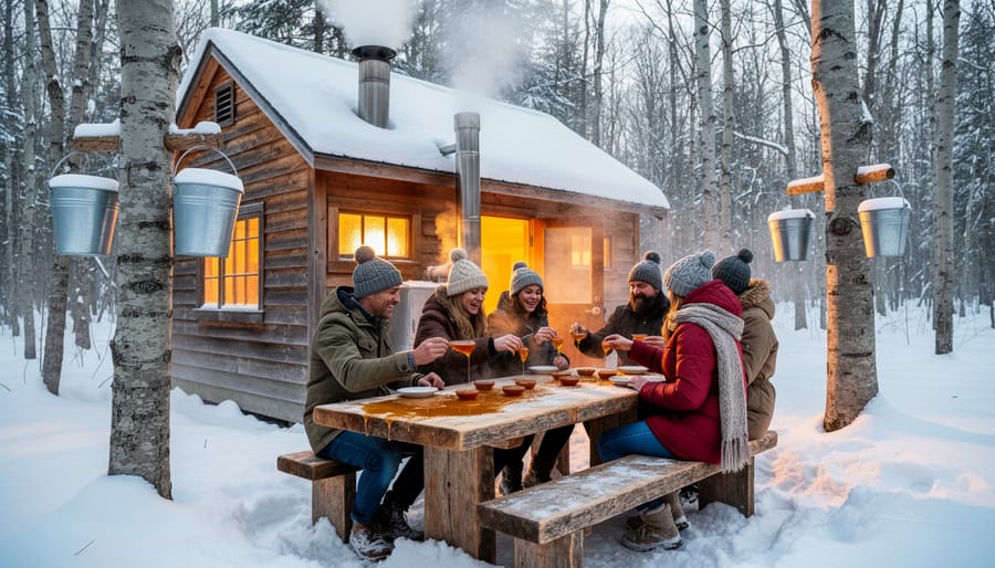 Close-up of maple syrup and syrup-serving equipment on a wooden sugar shack counter with a wintery background.