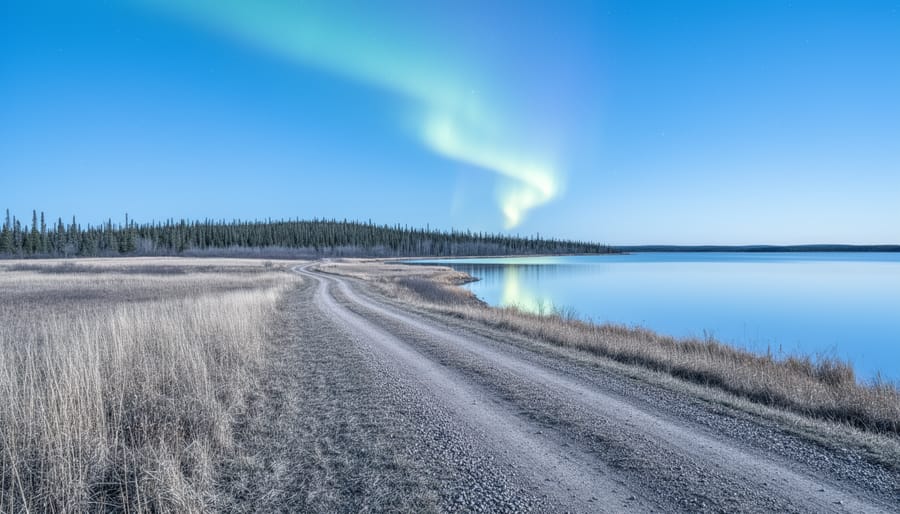 Wide prairie landscape in Manitoba at winter, with distant forest, a reflective lake, and faint aurora lights across the night sky.