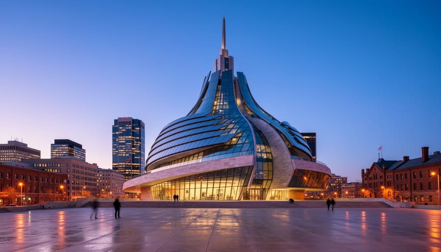 Exterior view of the Canadian Museum for Human Rights in Winnipeg at dusk with warm lights and snowy surroundings.
