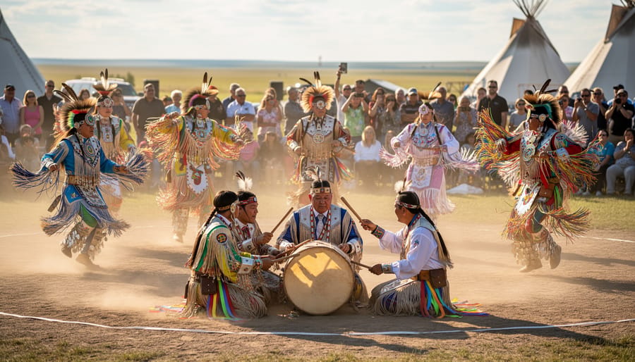 Indigenous dancers and drummers at a powwow in Manitoba with colorful regalia under evening light.