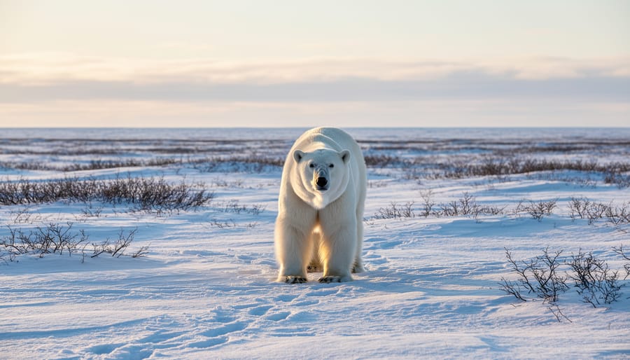 Polar bear standing on snow in Churchill, Manitoba, with an icy background.