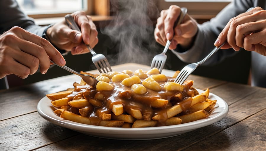 Poutine on a plate with fries, cheese curds, and brown gravy, photographed in a restaurant-like setting.