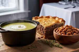 “Close-up of a rustic table with pea soup, tourtière, and maple-glazed beans in a cozy winter setting inspired by Québécois cuisine in Manitoba.”