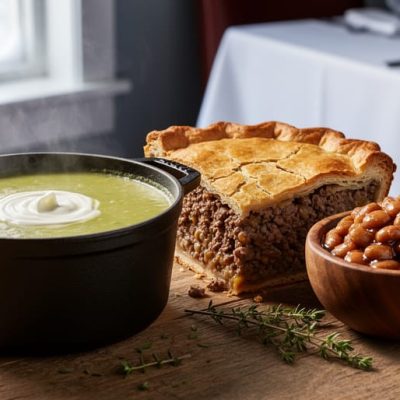 “Close-up of a rustic table with pea soup, tourtière, and maple-glazed beans in a cozy winter setting inspired by Québécois cuisine in Manitoba.”
