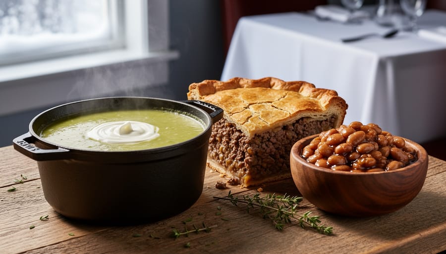“Close-up of a rustic table with pea soup, tourtière, and maple-glazed beans in a cozy winter setting inspired by Québécois cuisine in Manitoba.”