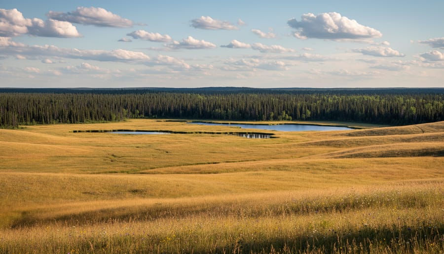 Wide landscape view showing Manitoba prairie grasses transitioning into boreal forest in the distance at golden hour.