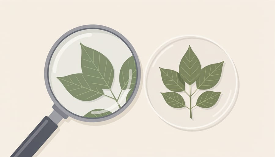 Magnifying glass and botanical specimen container on a desk symbolizing scientific documentation of kratom
