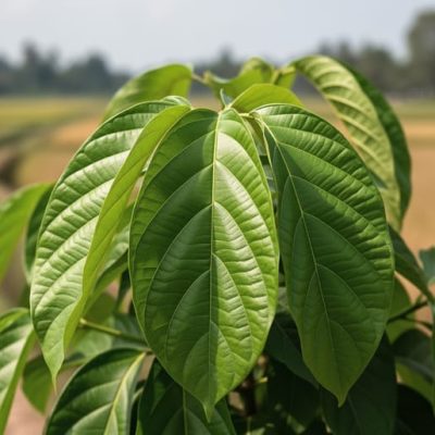 Close-up of fresh kratom (Mitragyna speciosa) leaves photographed outdoors with a softly blurred rural landscape in the background.