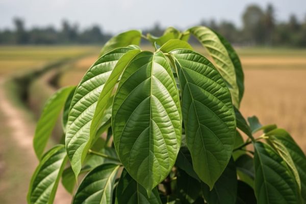 Close-up of fresh kratom (Mitragyna speciosa) leaves photographed outdoors with a softly blurred rural landscape in the background.