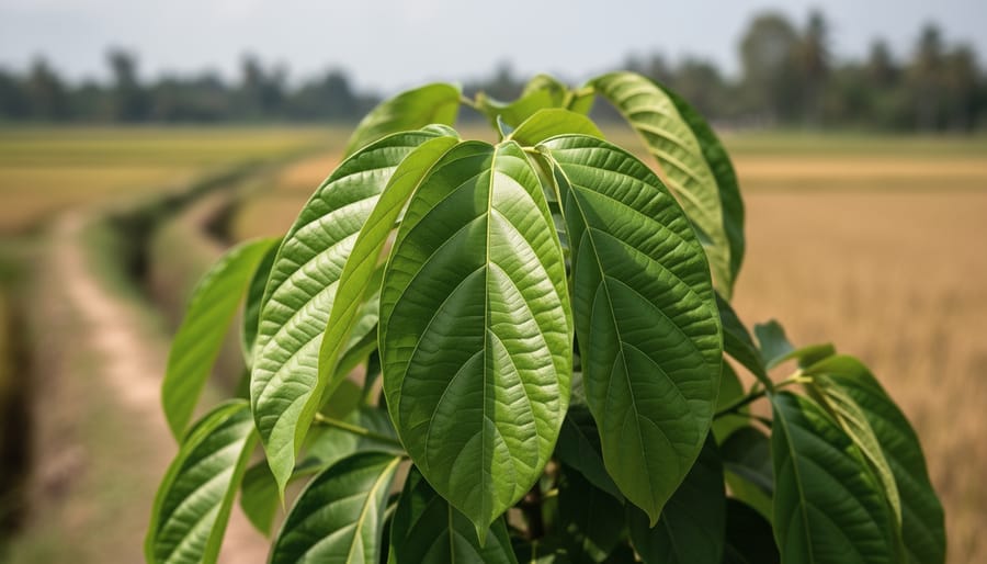 Close-up of fresh kratom (Mitragyna speciosa) leaves photographed outdoors with a softly blurred rural landscape in the background.