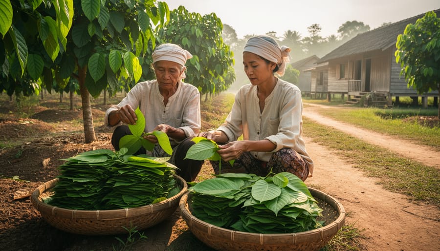 Hands harvesting kratom leaves near rural garden plants