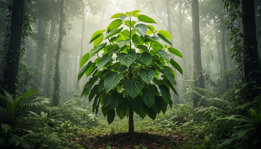 Mitragyna speciosa kratom tree with glossy green leaves in a humid Southeast Asian forest