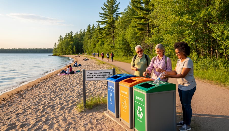 Used vape cartridge and battery being disposed in a responsible container near a recycling bin on a Manitoba lakeshore.