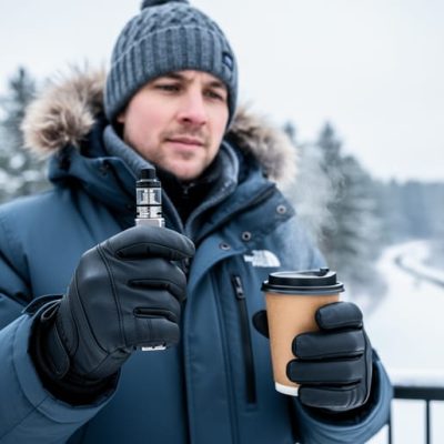 “Person in a winter jacket holding a vape device outdoors in a snowy Manitoba park with overcast daylight and blurred trees in the background.”