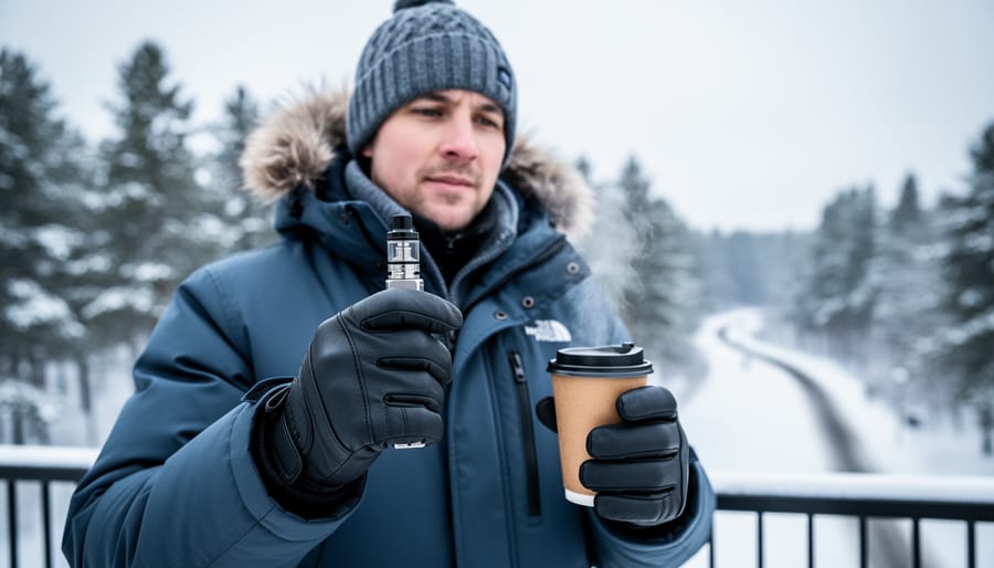 “Person in a winter jacket holding a vape device outdoors in a snowy Manitoba park with overcast daylight and blurred trees in the background.”