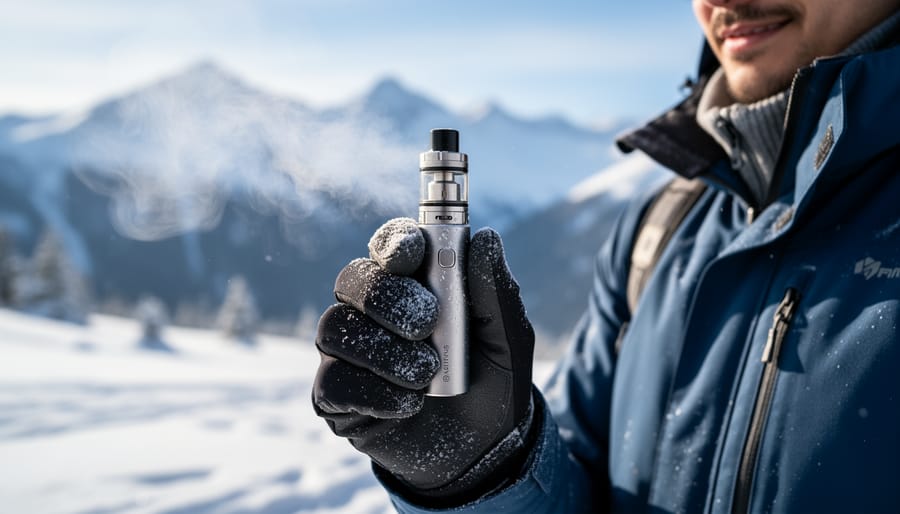 Vape device and e-liquid bottle with frost on ice-fishing gear in a snowy Manitoba winter setting.