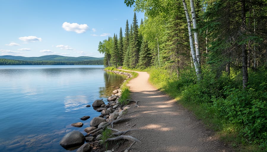 A lakeside trail with a boardwalk leading into a forested shoreline