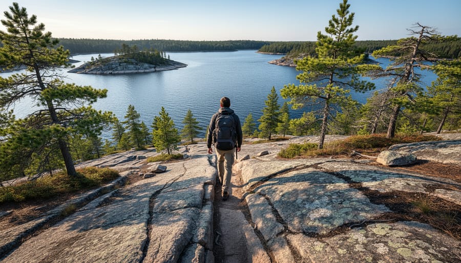 A hiker on a rocky forest trail beside granite outcrops at golden hour