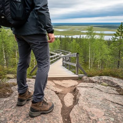Hiker standing on a rocky trail overlook in Manitoba with a forest boardwalk leading down and distant wetland scenery in the background.