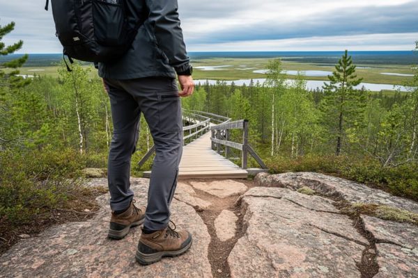Hiker standing on a rocky trail overlook in Manitoba with a forest boardwalk leading down and distant wetland scenery in the background.