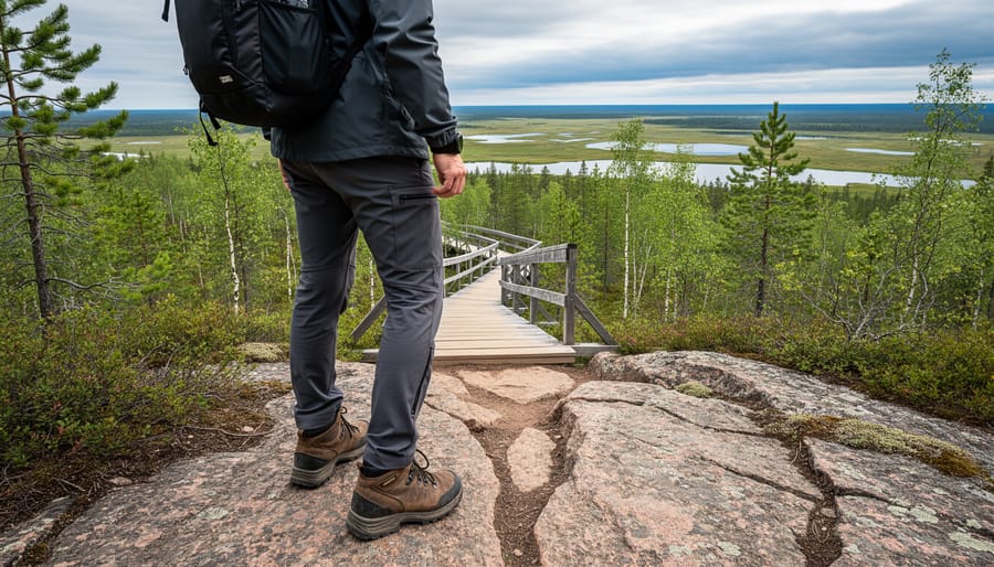 Hiker standing on a rocky trail overlook in Manitoba with a forest boardwalk leading down and distant wetland scenery in the background.