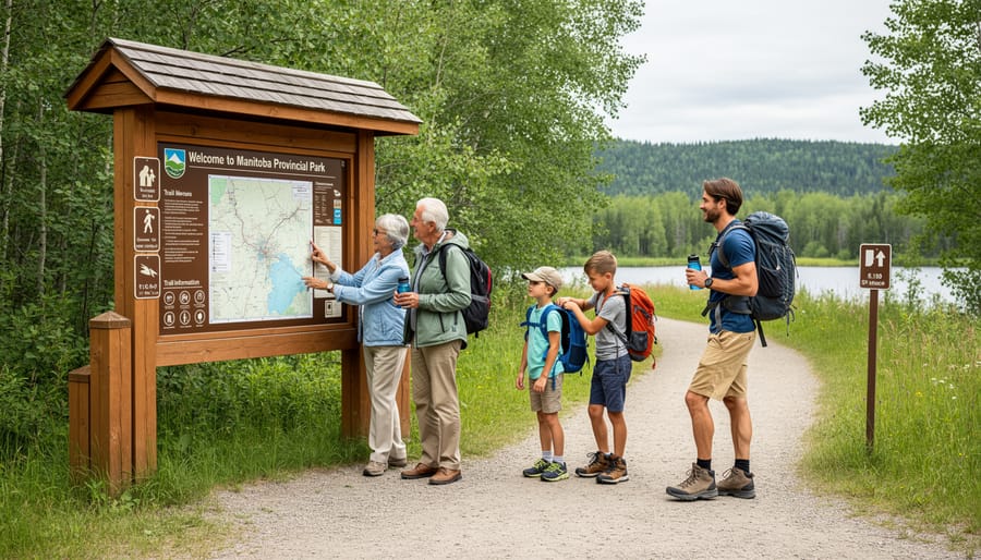 A family adjusting hiking gear at a provincial park trailhead