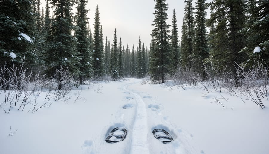 A snowshoe hiker on a snowy winter forest trail with backlit snow